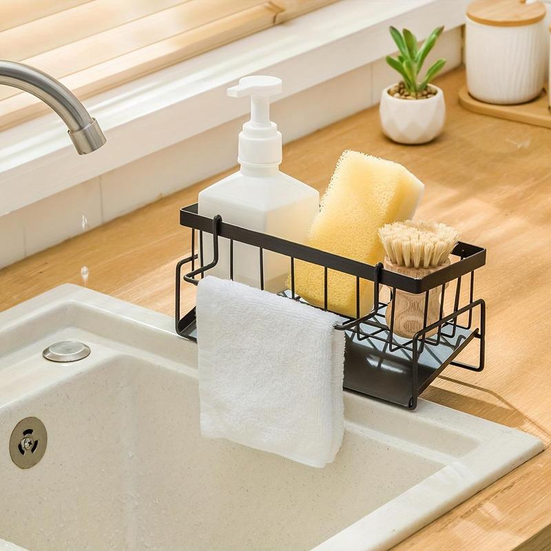 Kitchen Sink Drain Rack with Towel Pole, Carbon Steel Sponge Holder, Space Saver Durable Kitchen Organizer, Multifunctional Storage Rack, Summer for Gift, Kitchen Accessories, Kitchen Gadgets