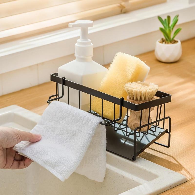 Kitchen Sink Drain Rack with Towel Pole, Carbon Steel Sponge Holder, Space Saver Durable Kitchen Organizer, Multifunctional Storage Rack, Summer for Gift, Kitchen Accessories, Kitchen Gadgets