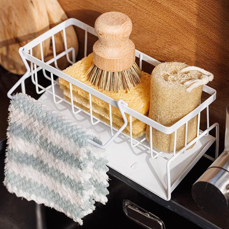 Kitchen Sink Drain Rack with Towel Pole, Carbon Steel Sponge Holder, Space Saver Durable Kitchen Organizer, Multifunctional Storage Rack, Summer for Gift, Kitchen Accessories, Kitchen Gadgets