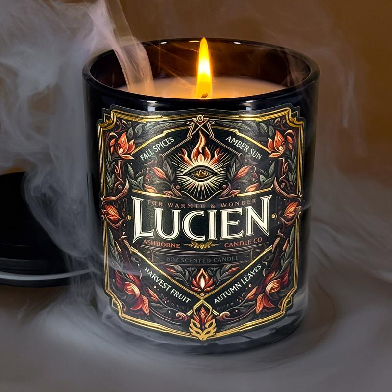 Lucien - ACOTAR inspired 8oz Scented Candle - Fall Spices, Amber Sun, Harvest Fruit, Autumn Leaves - Natural Coconut Wax - 35 h Burn Time - Premium Foil Label