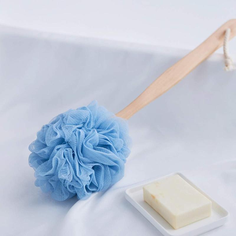 Loofah  Scrubber for Shower, Wooden Long Handle Bath Sponge Lufa Shower Brush, Soft Nylon Mesh  Cleaner Washer, Women & Men  Luffa Pouf on a Stick for  (Blue)