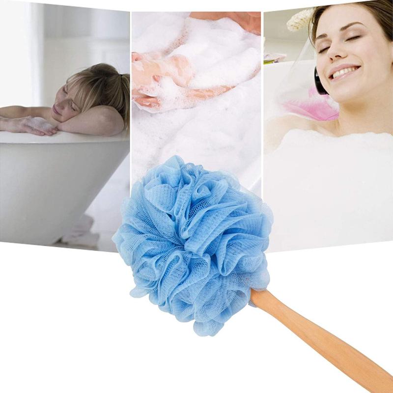 Loofah  Scrubber for Shower, Wooden Long Handle Bath Sponge Lufa Shower Brush, Soft Nylon Mesh  Cleaner Washer, Women & Men  Luffa Pouf on a Stick for  (Blue)