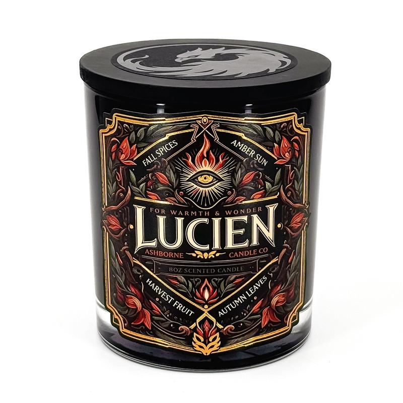 Lucien - ACOTAR inspired 8oz Scented Candle - Fall Spices, Amber Sun, Harvest Fruit, Autumn Leaves - Natural Coconut Wax - 35 h Burn Time - Premium Foil Label