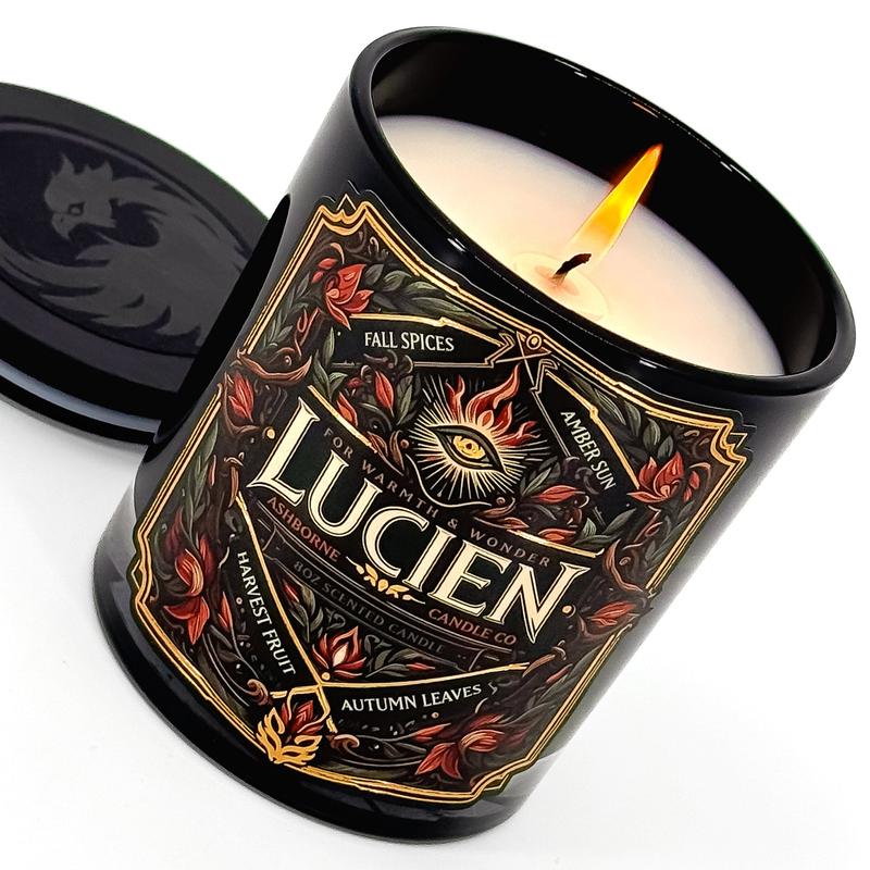 Lucien - ACOTAR inspired 8oz Scented Candle - Fall Spices, Amber Sun, Harvest Fruit, Autumn Leaves - Natural Coconut Wax - 35 h Burn Time - Premium Foil Label