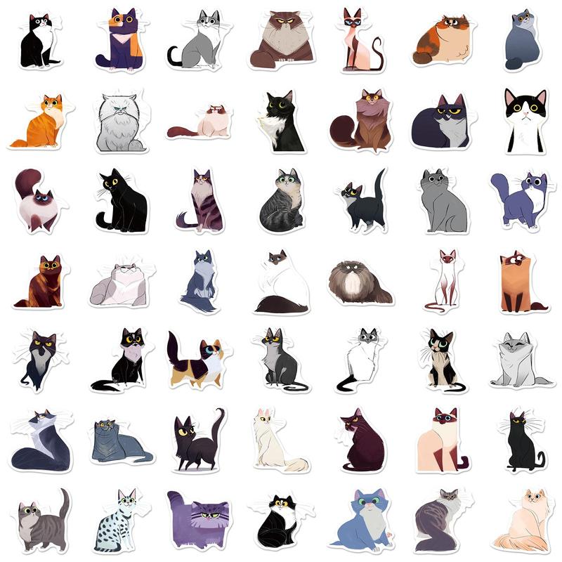 Cute Cat Pattern Skateboard Decorative Sticker, 50pcs Self Adhesive Decorative Stickers for Gift Bags Greeting Cards Gift Wrapping, Water Bottle