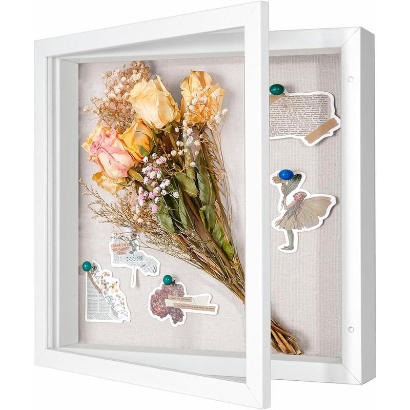 8x10 Shadow Box Frame with Linen Back - Real Glass, Push Pins Included, Sturdy Rustic Memory Display Case, Distressed White