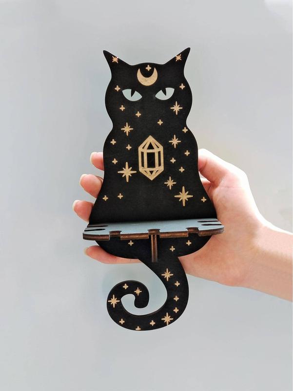 Black Cat Crystal Display Shelf with Hanging Hooks for Stones Display