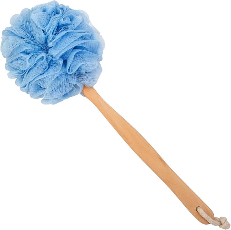 Loofah  Scrubber for Shower, Wooden Long Handle Bath Sponge Lufa Shower Brush, Soft Nylon Mesh  Cleaner Washer, Women & Men  Luffa Pouf on a Stick for  (Blue)