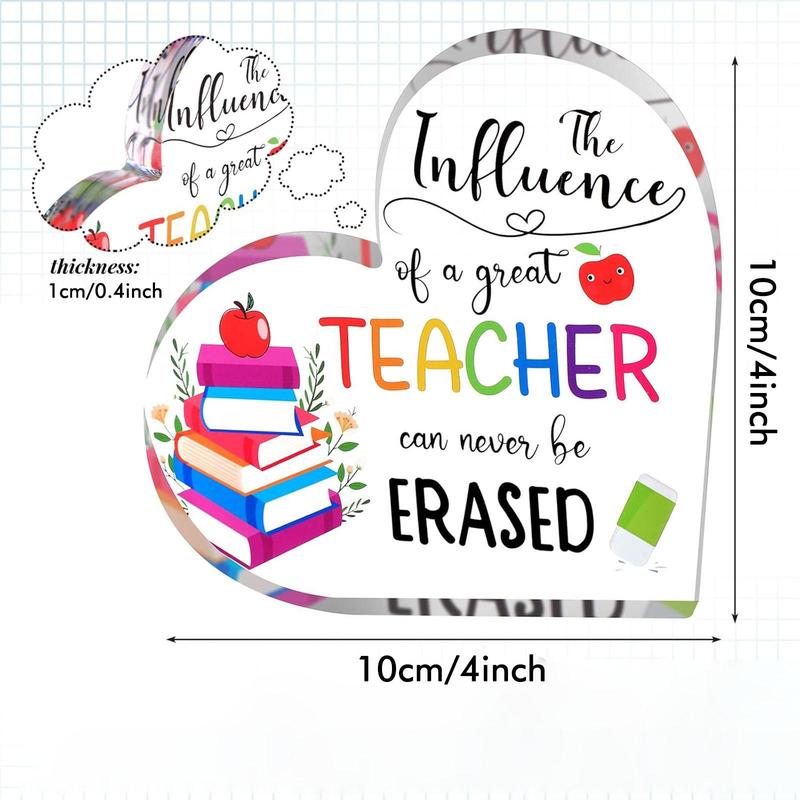 Teacher Appreciation Gift, 1 Count Back To School Gift, Book Pattern Heart Shaped Acrylic Plaque, Desktop Ornament for Home Office School