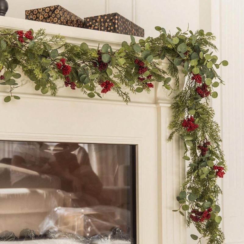 Christmas Artificial Money Grass Pine & Cypress Red Fruit Garland, Fake Plant Garland, Fake Christmas Plant Vine for Stairs, Desktop Centerpiece, Furniture Decor