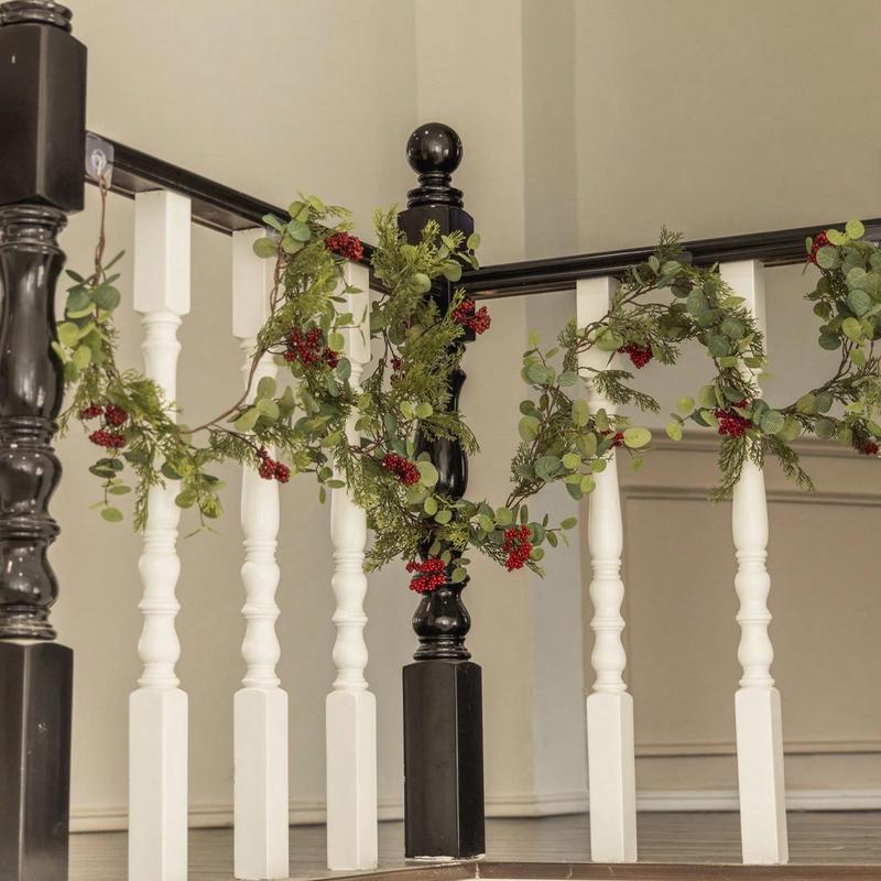 Christmas Artificial Money Grass Pine & Cypress Red Fruit Garland, Fake Plant Garland, Fake Christmas Plant Vine for Stairs, Desktop Centerpiece, Furniture Decor