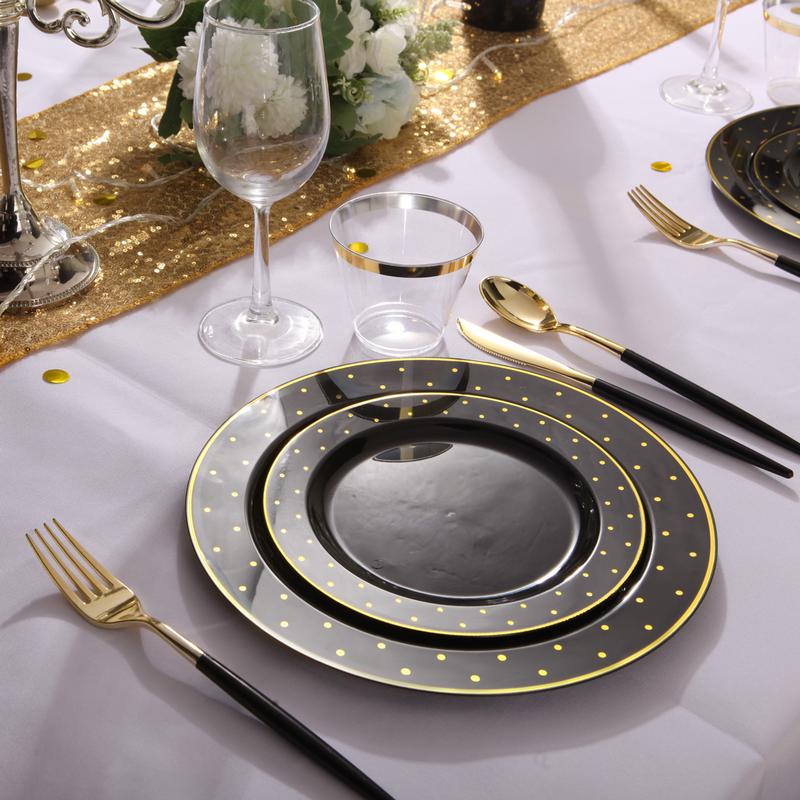 102Pcs  Disposable Plastic Black Gold plates, Including 51 Dinner Plates 10.25