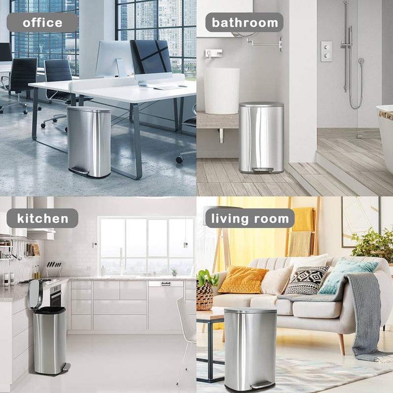 13 Gallon Trash Can, Brushed Stainless Steel Kitchen Trash Can with Soft-close Lid, Fingerprint-resistant Kitchen Garbage Can with Foot Pedal and Inner Bucket, Odor Proof Trash Can Garbage Can, Silver