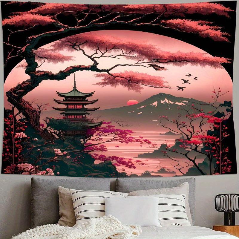 Christmas 2024 Ornament - Vibrant Japanese-Style Red Mountain Lake Tapestry - Premium Polyester Wall Hanging for Living Room, Bedroom, Dorm Decor - Easy Installation, Free Package, Perfect Gift for Friends, Boyfriend, Girlfriend