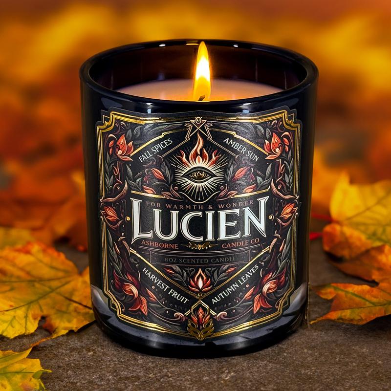 Lucien - ACOTAR inspired 8oz Scented Candle - Fall Spices, Amber Sun, Harvest Fruit, Autumn Leaves - Natural Coconut Wax - 35 h Burn Time - Premium Foil Label