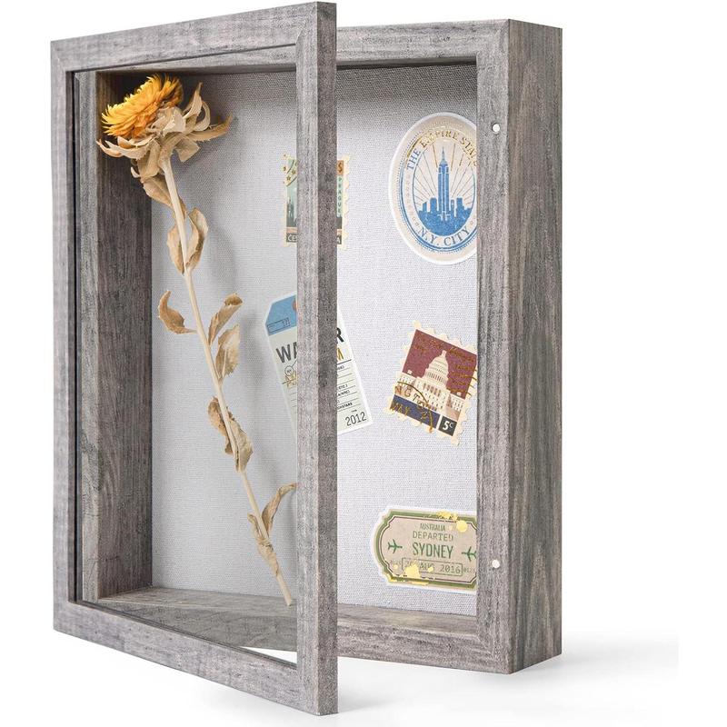 8x10 Shadow Box Frame with Linen Back - Real Glass, Push Pins Included, Sturdy Rustic Memory Display Case, Distressed White