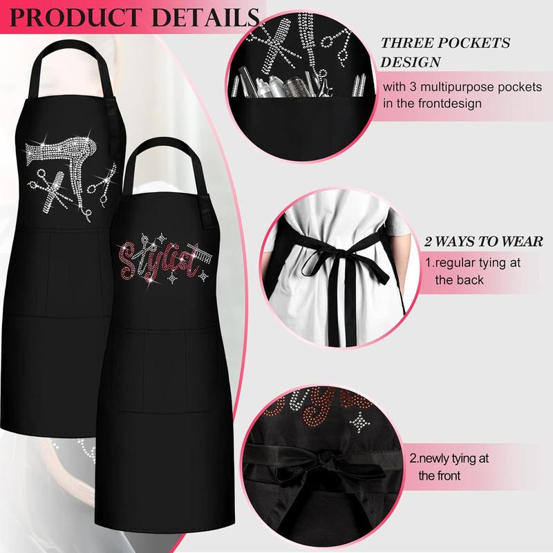 2 Pcs Hair Stylist Apron Hairstylist Salon Apron with Rhinestone Tools 3 Pockets Waterproof Hairdresser Barber Apron