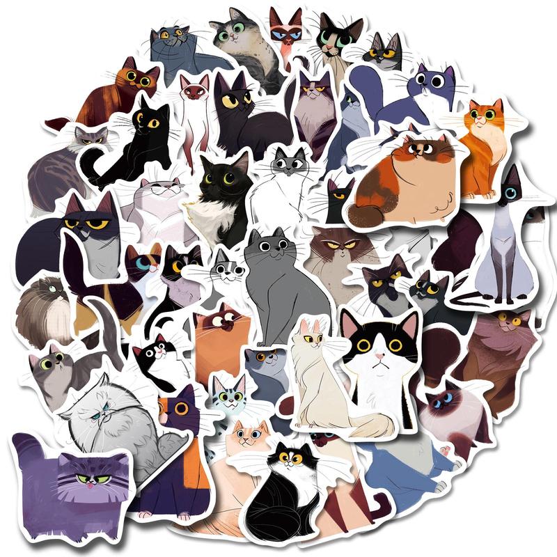 Cute Cat Pattern Skateboard Decorative Sticker, 50pcs Self Adhesive Decorative Stickers for Gift Bags Greeting Cards Gift Wrapping, Water Bottle