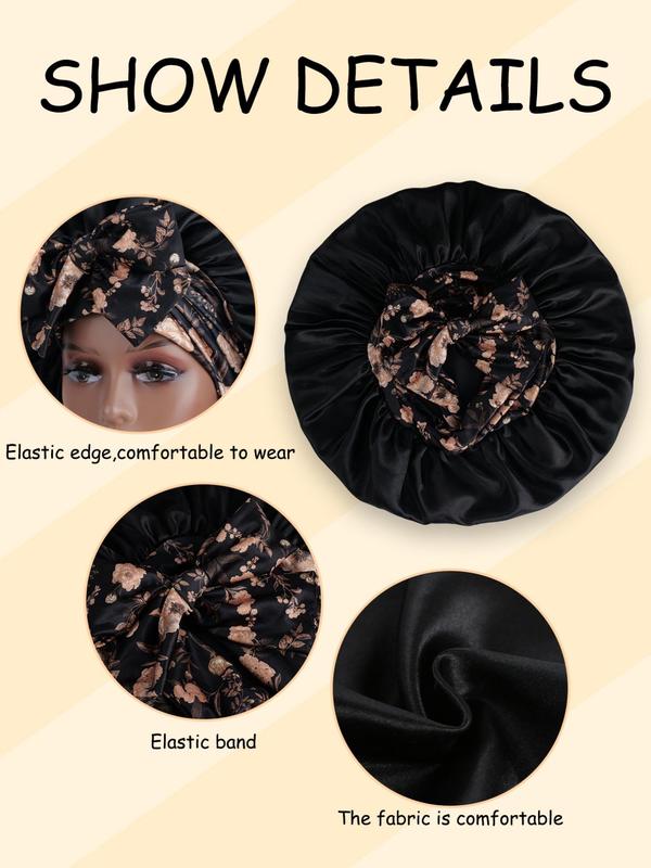 Leopard & Ditsy Floral Print Satin Sleep Bonnet, Adjustable Frontal Wrap Tie Band Sleeping Bonnet, Soft Sleeping Bonnet for Women & Girls