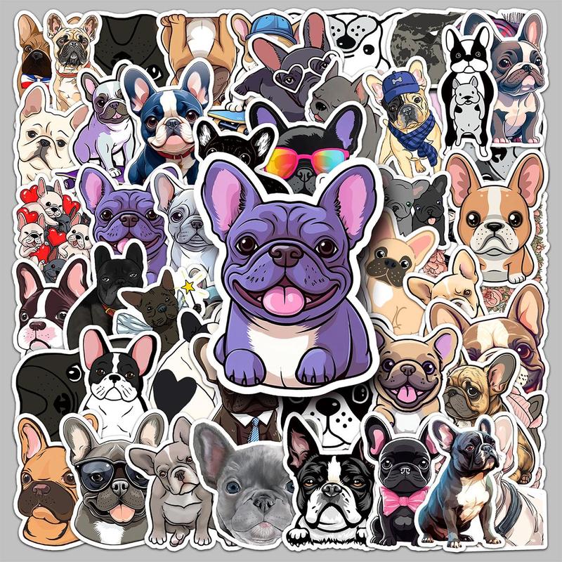 Cartoon French Dog Pattern Sticker, 50pcs Waterproof Self Adhesive Decor Paper, Decor Sticker for Gift Greeting Card Water Bottle Laptop Phone