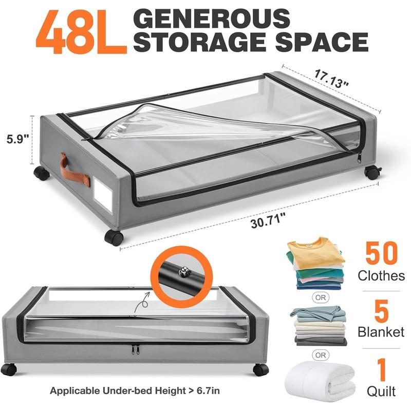 2Pack Under Bed Storage with Wheels,30.71*17.13*6.5 Inches Foldable Underbed Storage Containers Organizers Bins for Clothes Shoes Blankets Sweater (Grey)