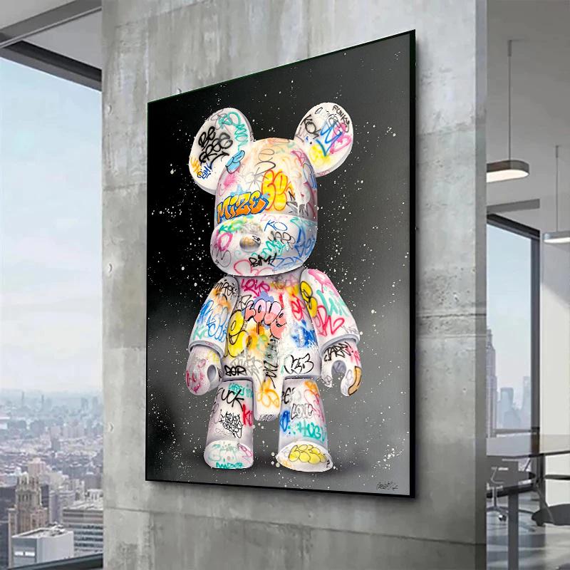 Cartoon Cute Beer Graffiti Canvas Painting Cartoon Character Pop Art Posters Street Wall Art Picture for Home Kawaii Room Decor Border Plastic Print Ornaments