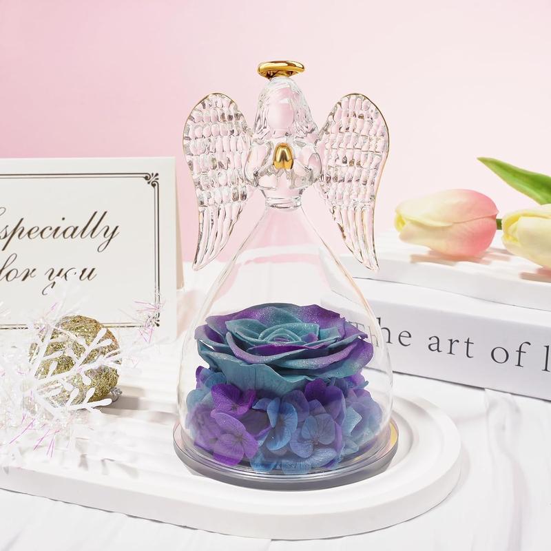 Preserved Flower Rose Gifts for Mom, Birthday Gifts for Women Grandma Wife, Real Rose in Glass Angel Figurines Christmas Mother's Day Anniversary Valentines Thanksgiving and Wedding Gifts