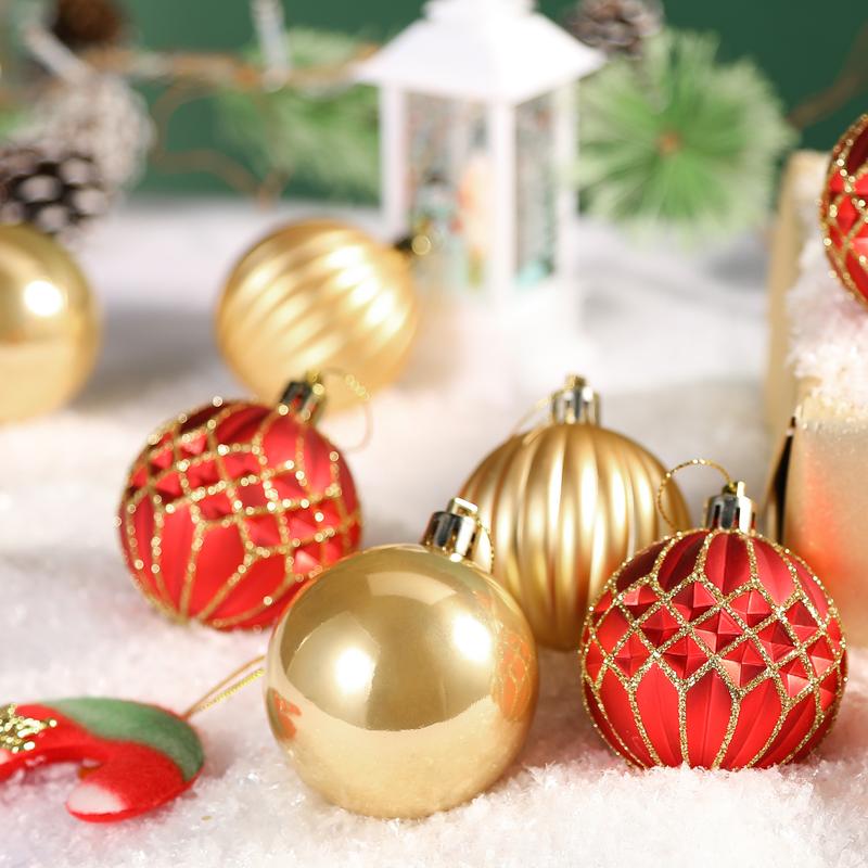 30-count 2.36-inch Christmas tree ball ornaments in red and gold, made from shatterproof plastic. Perfect for decorating Christmas trees, holiday parties, and wedding decorations. (Color: Red & Gold, Size: 60mm)