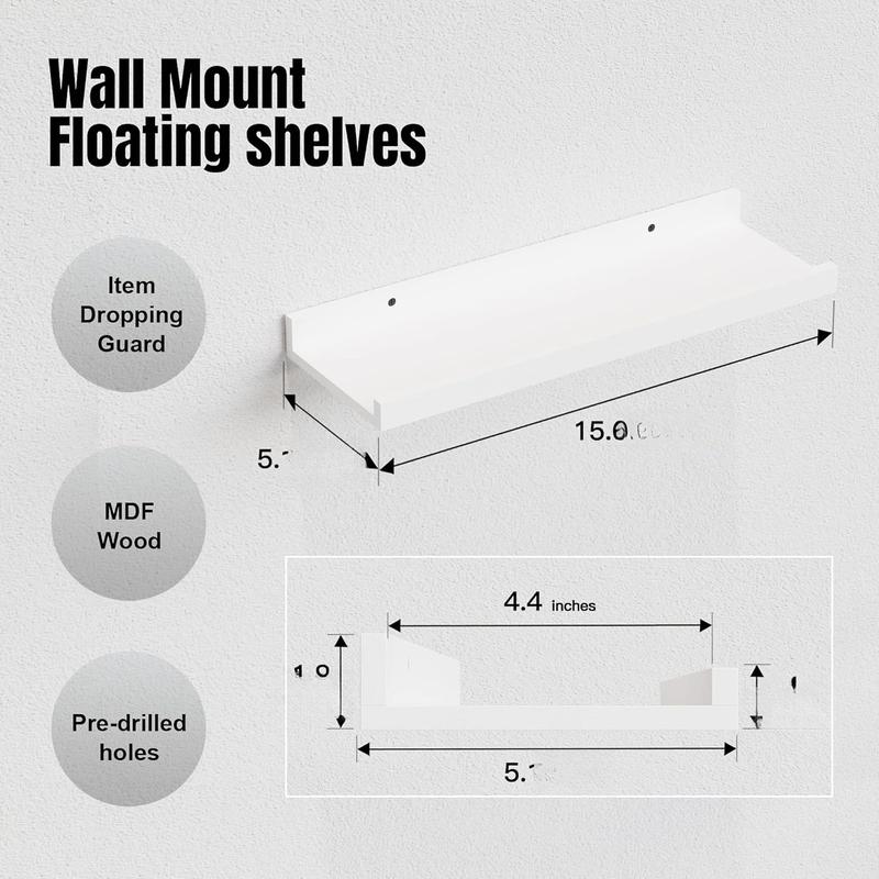 5 Set White Floating Shelves, Wall Mounted Shelves for Wall Decor, Modern Picture Ledge Shelf with Lip for Wall Storage , Bedroom, Living Room, Bathroom - White