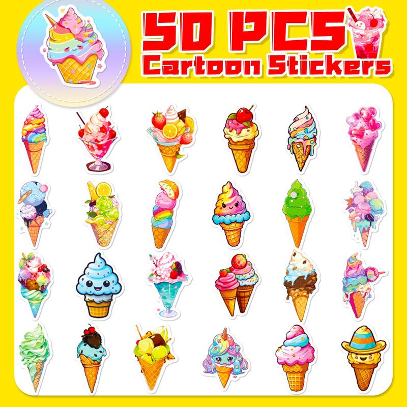 50pcs Cartoon Ice Cream Series Graffiti Sticker, Waterproof Cartoon Sticker, Decoration Sticker For Phone Case, Computer, Guitar, Bag, Water Cup, Scrapbook