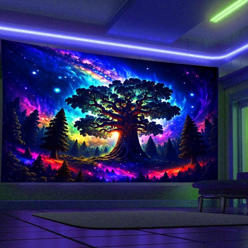 Tree Print Tapestry, Forest & Galaxy Landscape Fluorescent Tapestry, Wall Hanging for Living Room Bedroom Office Home Decor