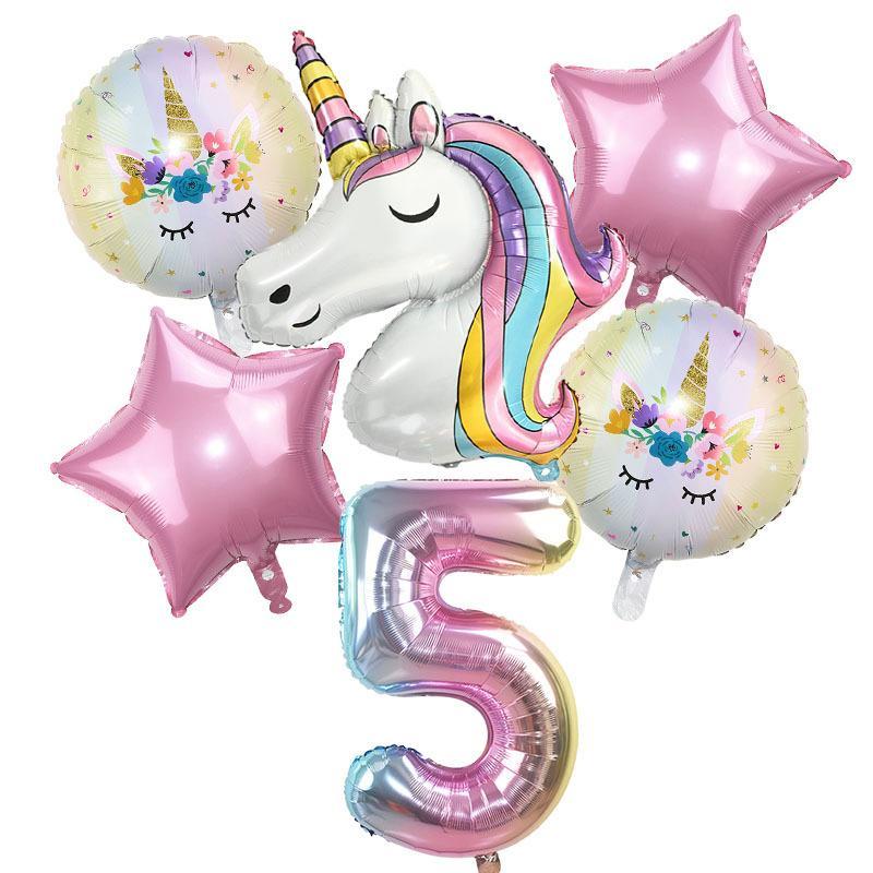 Unicorn Themed Balloon Kit, 6 Counts set Birthday Party Decoration Balloon, Number & Star Shaped Balloon, Party Decoration Supplies