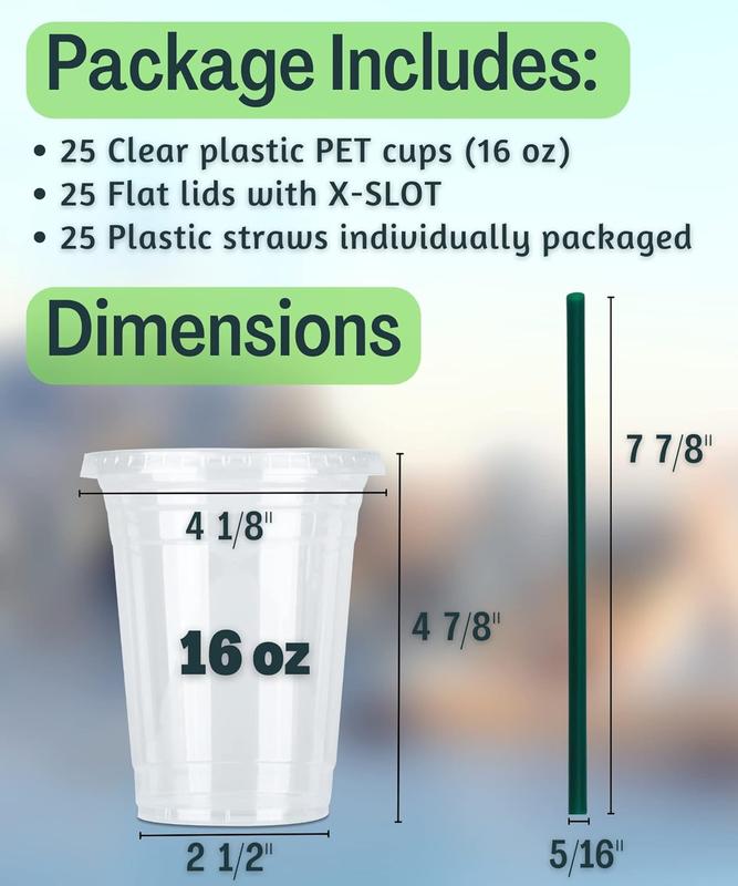 16 oz Clear Plastic Cups with Lids and STRAWS, Disposable Drinking Cups for Cold Drinks, Iced Coffee, Milkshakes, Smoothies, 25 Sets