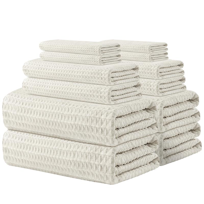 Bath Towel Set Pack of 12 Washcloths Highly Absorbent Microfiber Oversize Quick Dry Lint Free Hand Bath Towels Lightweight Beach Waffle Towels Set for Family