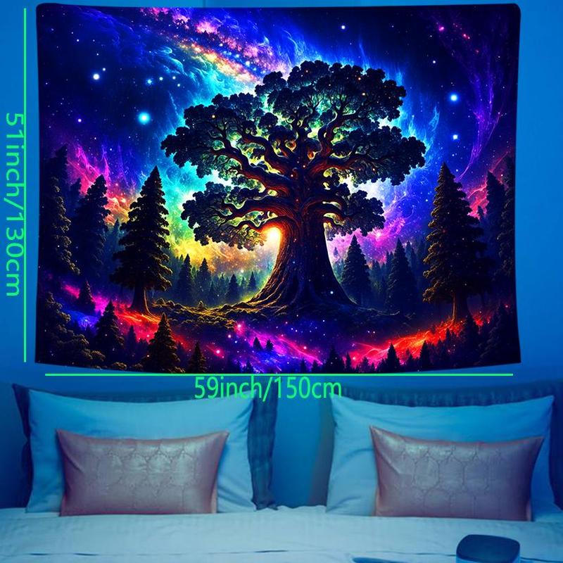 Tree Print Tapestry, Forest & Galaxy Landscape Fluorescent Tapestry, Wall Hanging for Living Room Bedroom Office Home Decor