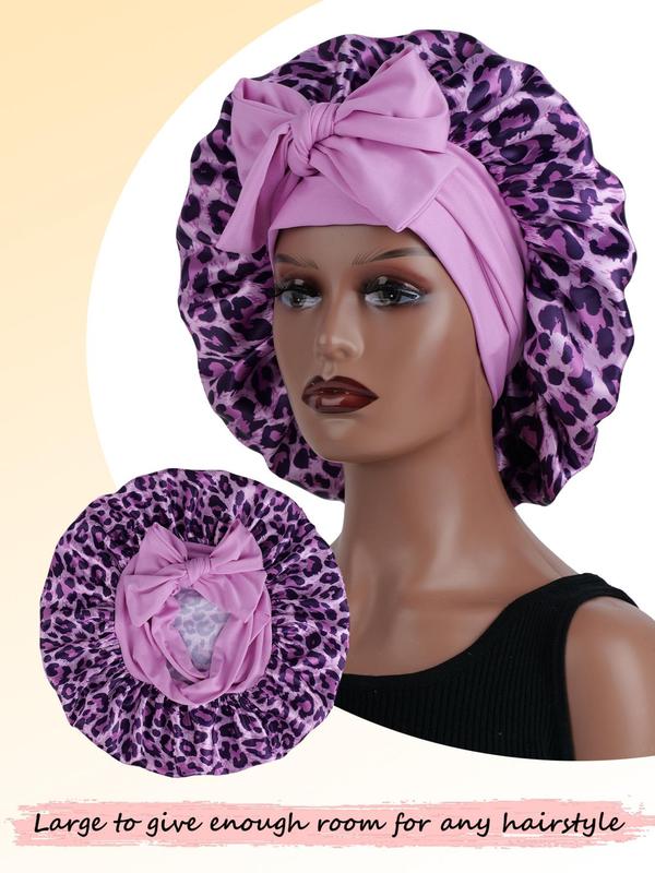 Leopard & Ditsy Floral Print Satin Sleep Bonnet, Adjustable Frontal Wrap Tie Band Sleeping Bonnet, Soft Sleeping Bonnet for Women & Girls