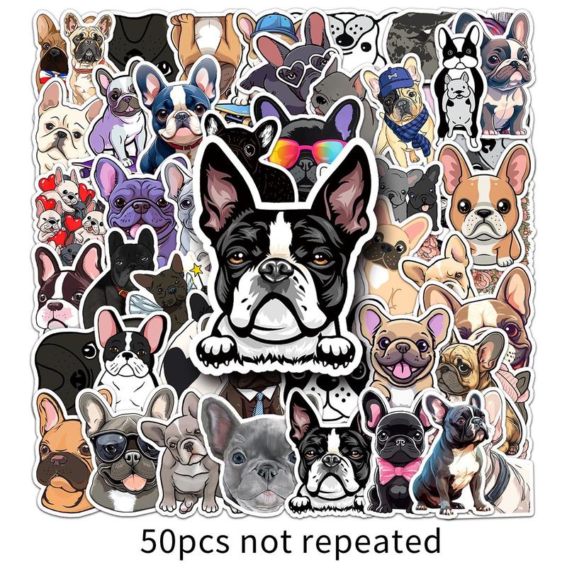 Cartoon French Dog Pattern Sticker, 50pcs Waterproof Self Adhesive Decor Paper, Decor Sticker for Gift Greeting Card Water Bottle Laptop Phone