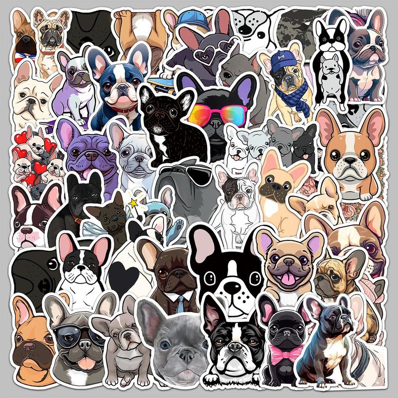 Cartoon French Dog Pattern Sticker, 50pcs Waterproof Self Adhesive Decor Paper, Decor Sticker for Gift Greeting Card Water Bottle Laptop Phone