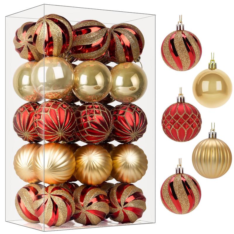 30-count 2.36-inch Christmas tree ball ornaments in red and gold, made from shatterproof plastic. Perfect for decorating Christmas trees, holiday parties, and wedding decorations. (Color: Red & Gold, Size: 60mm)