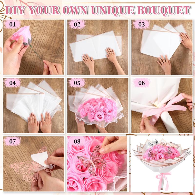 24 36 Pcs Glitter Roses Bouquet for Women Artificial Rose Flowers Bouquet DIY Fake Glitter Roses with Flower Wrapping Paper 3D 6Pcs Butterflies Crowns for Lover Girlfriend for Birthday Valentine's Day Christmas Anniversary Wedding