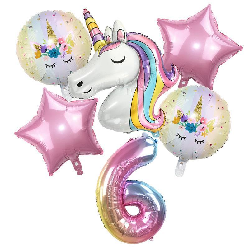 Unicorn Themed Balloon Kit, 6 Counts set Birthday Party Decoration Balloon, Number & Star Shaped Balloon, Party Decoration Supplies