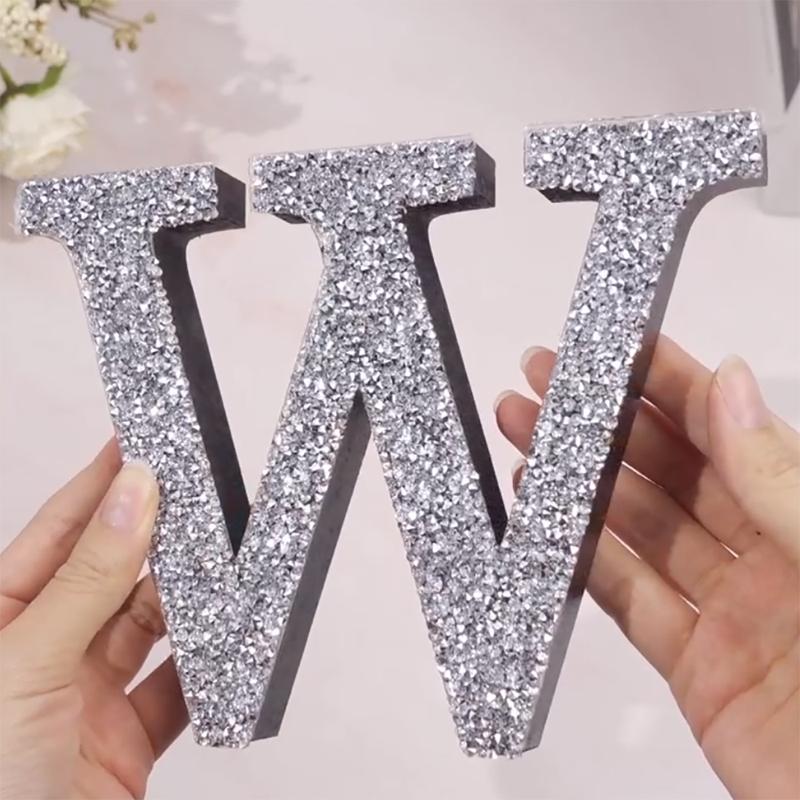 5.7 Inch Crystal Diamond Letters Bling Wooden Decor Hangable with Hooks Rhinestone Decorations Craft for Wall Art Bedroom Door Table Ornament Gift