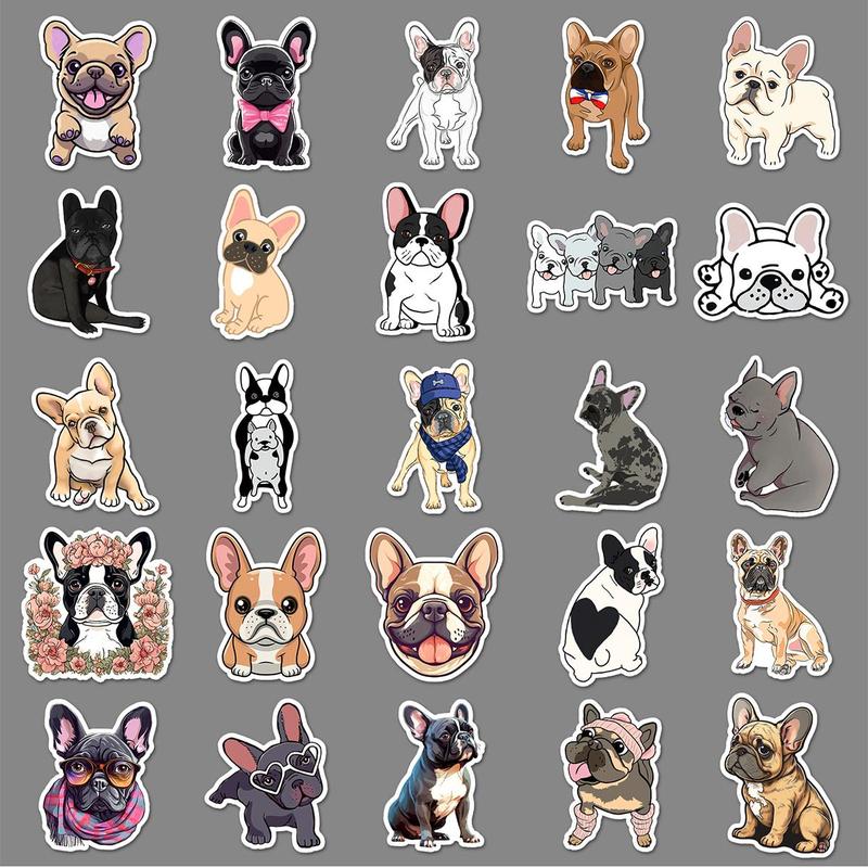 Cartoon French Dog Pattern Sticker, 50pcs Waterproof Self Adhesive Decor Paper, Decor Sticker for Gift Greeting Card Water Bottle Laptop Phone