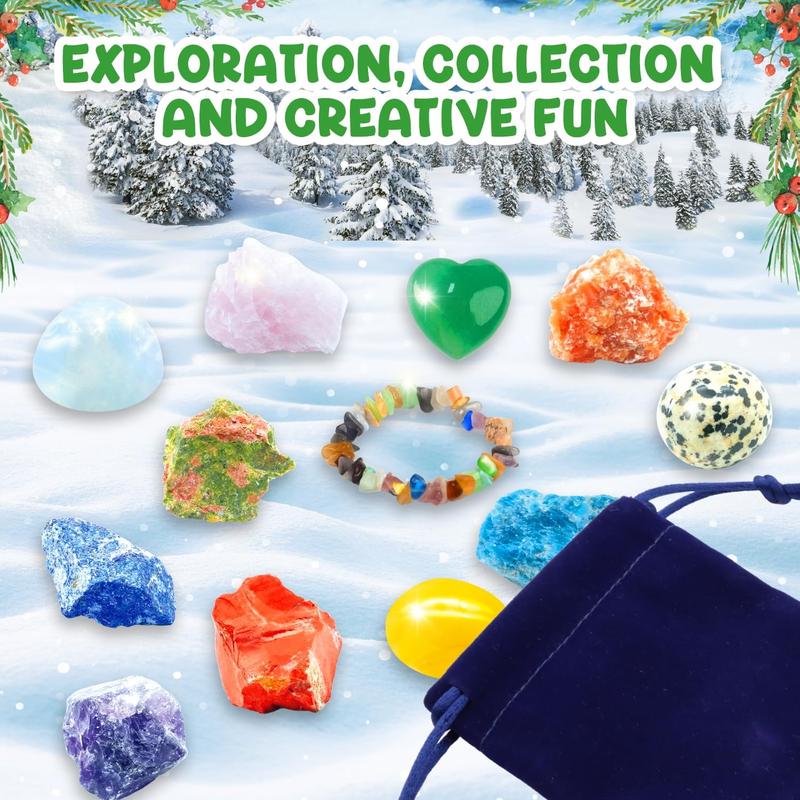 Gemstone Advent Calendar 2024,Christmas Rock Advent Calendar for Kids for Girls Boys Christmas Countdown with 24 Crystals, Minerals and Gemstones for Rock Collection with Mini Gemstone Dig Kit Christmas Scientific Gifts Geology Teen Adult