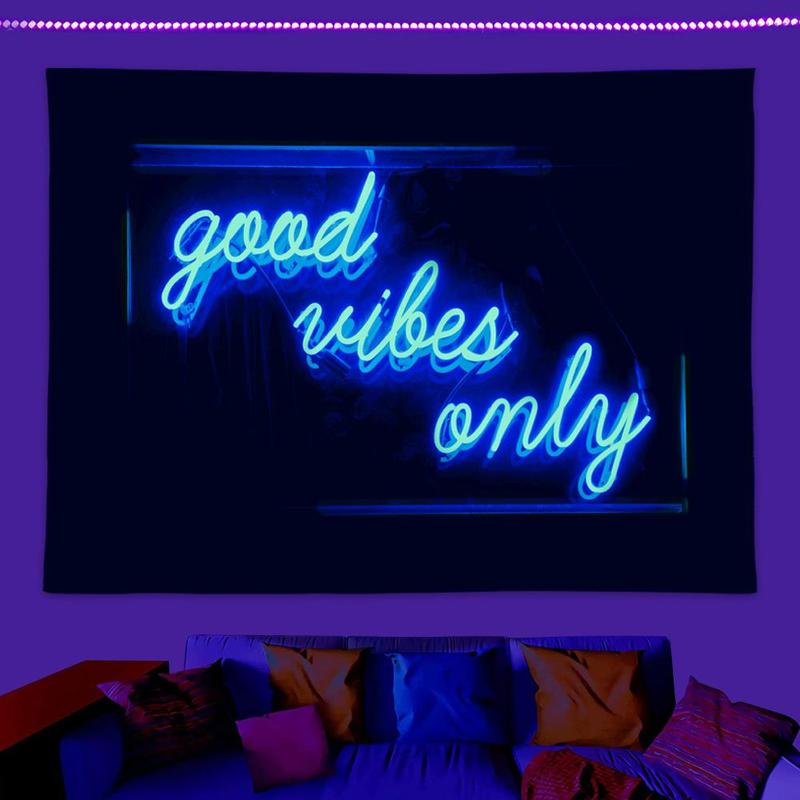 Letter Landscape Pattern Fluorescent Tapestry with Installing Accessories, 1 Count Wall Hanging Black Light Tapestry for Home Living Room Bedroom Decoration, Summer Essentials