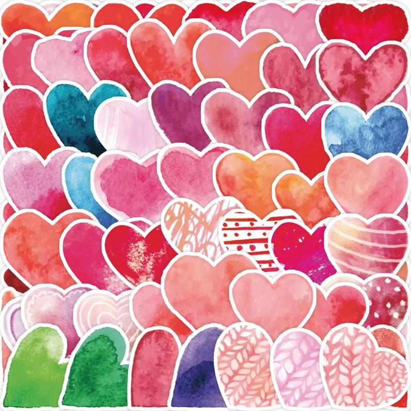 Heart Pattern Decorative Sticker, 50pcs Waterproof Decoration Sticker for Laptop, Guitar, Water Bottle & Skateboard & Scrapbook