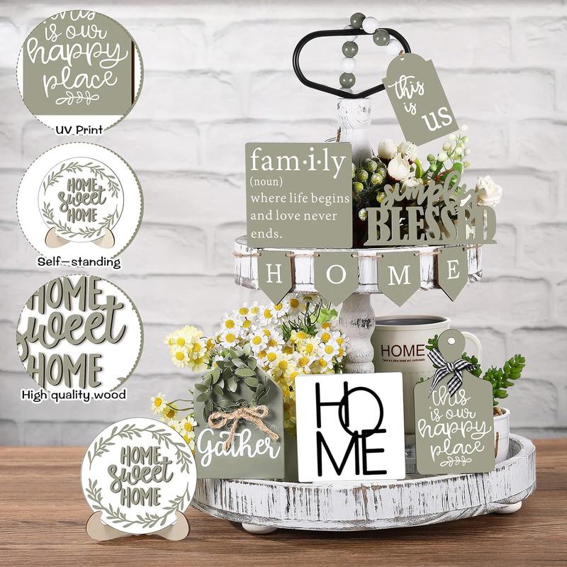 11 Pieces Farmhouse Tiered Tray Decor Wood Sign Rustic Home Sweet Home Simply Blessed This is Us Wooden Beads Tray Decorations Set for Home Kitchen Table Shelf