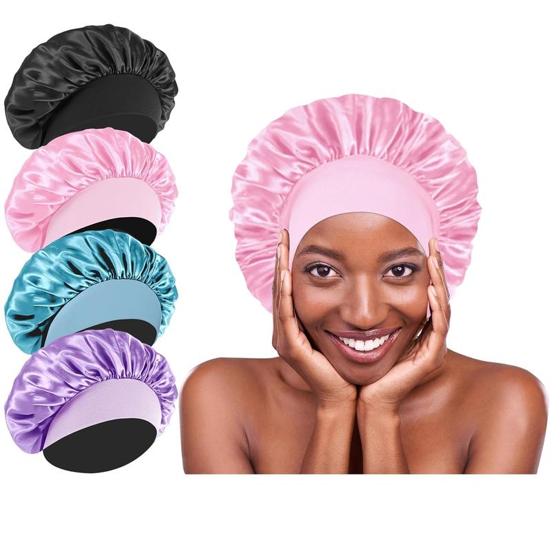 Waterproof Shower Caps Set of 4 - 4 Colors - Elastic Wide Band Satin Hair Wrap Bonnets for Sleeping, Black Women Men, Silk Sleep Cap Bonnet