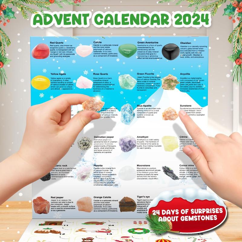 Gemstone Advent Calendar 2024,Christmas Rock Advent Calendar for Kids for Girls Boys Christmas Countdown with 24 Crystals, Minerals and Gemstones for Rock Collection with Mini Gemstone Dig Kit Christmas Scientific Gifts Geology Teen Adult