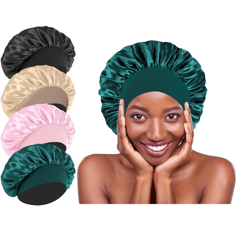 Waterproof Shower Caps Set of 4 - 4 Colors - Elastic Wide Band Satin Hair Wrap Bonnets for Sleeping, Black Women Men, Silk Sleep Cap Bonnet